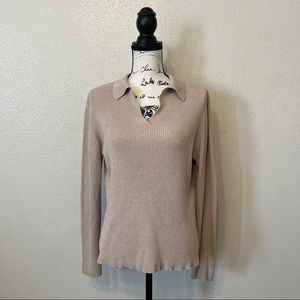 Rafaella Tan Ribbed V Neck Pullover